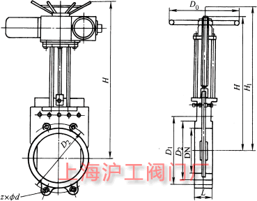 Z73X、Z373X 型 PN2.5~PN16 鑄鐵對夾式漿液閥主要外形及結(jié)構(gòu)尺寸示意圖